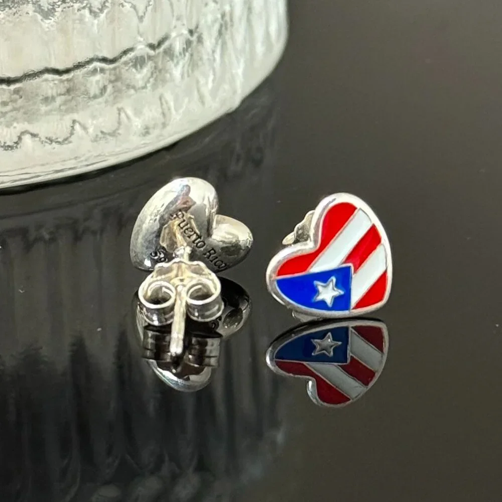 Puerto Rico Flag Heart Earrings S925 Sterling Silver Stud Earrings Handmade - Picture 4 of 6